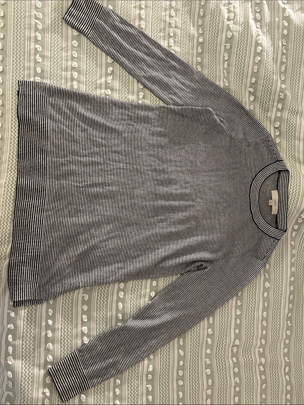 LOFT Navy Blue and White Striped Crewneck Sweater